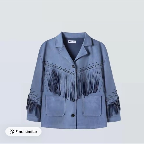 Vegan suede tassel cowboy jacket blue studded button up coat - Picture 9 of 11